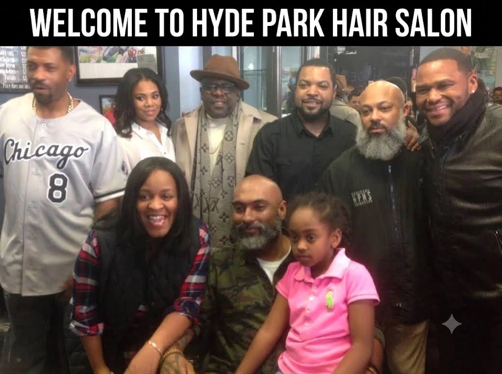 Master barber Ishmael Coye with Cedric the Entertainer, Regina Hall, Ice Cube, Anthony Anderson, and Deon Cole at Hyde Park Hair Salon