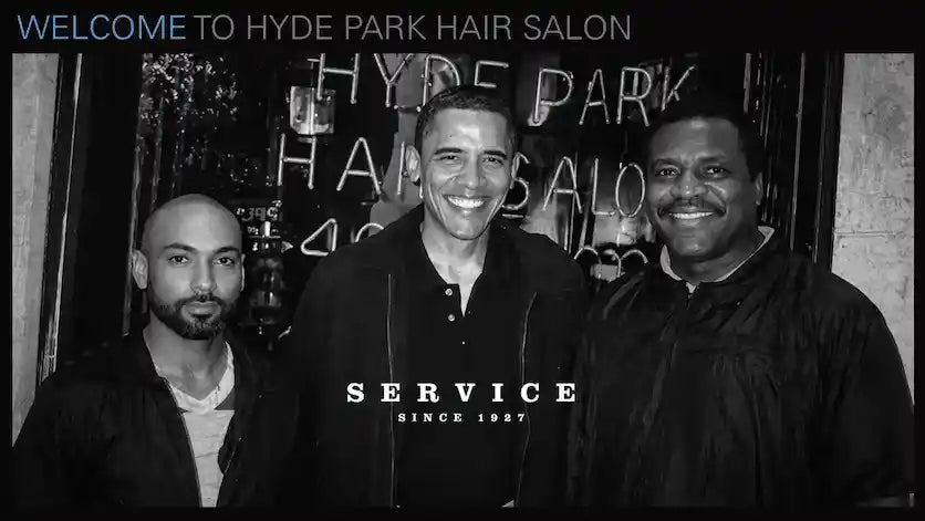 Master barbers Ish and Zariff with former President Barack Obama at Hyde Park Hair Salon